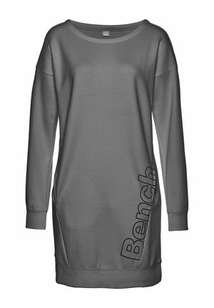 Robe sweat grise à coupe ample, avec des manches longues, un col rond et une impression de logo sur le côté en noir. Matériau doux, poignets côtelés.