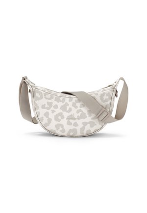 Crossbody taška s svetlo béžovým a bielym zvieracím vzorom, nastaviteľným béžovým ramienkom a zaobleným tvarom polmesiaca.