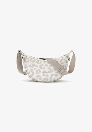 Crossbody-Tasche mit hellbeigem und weißem Tierprint, verstellbarem beigen Riemen und abgerundeter Mondsichel-Form.