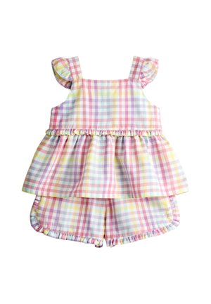 To-delt sæt til småbørn med pastel-farvet ternet mønster, ærmeløs top med flæser og matchende flæse-shorts.