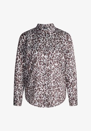 Chemise boutonnée à imprimé léopard avec col pointu, manches longues et ourlet incurvé. Confectionnée en tissu lisse avec des boutons noirs.