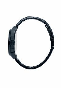 Orologio analogico tondo di colore nero con bezel liscio, bracciale a maglie e quadrante minimalista. Presenta un cinturino testurizzato e chiusura a pulsante.
