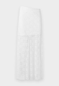 Falda maxi blanca de encaje con patrón floral, que presenta una cintura ajustada y una parte inferior fluida y semitransparente. Material texturizado.