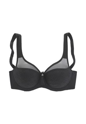 Black underwire bra with adjustable straps and mesh detailing on upper cups against white background.