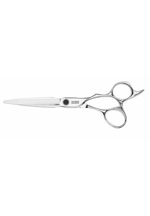 Silver professional hairdressing scissors with ergonomic finger holes and "KYONE PREMIUM" label on the blade.