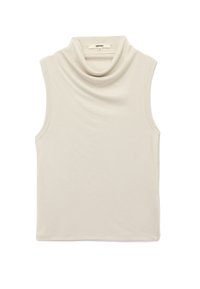 Light beige sleeveless top with a cowl neck design. Made of soft, smooth fabric. Features clean edges and minimalistic style.