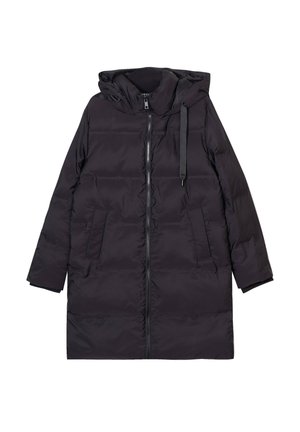 Parka nera imbottita con zip frontale, grande cappuccio, due tasche laterali e una vestibilità rilassata. Presenta una texture liscia e opaca e cordini regolabili.