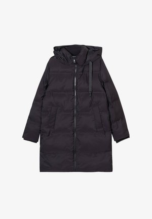 Parka nera imbottita con zip frontale, grande cappuccio, due tasche laterali e una vestibilità rilassata. Presenta una texture liscia e opaca e cordini regolabili.
