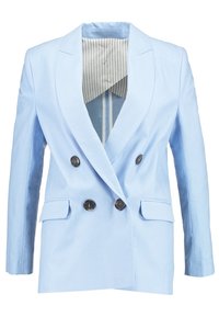 Světlomodrý dvouřadý blejzr s klopovým límcem, dvěma předními kapsami a tmavými knoflíky. Podšitý pruhovaným vzorem.
