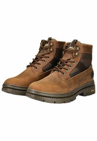 Botas de senderismo de cuero marrón con acentos sintéticos, puntera redondeada, ojales de metal, diseño con cordones y suela de goma resistente con la marca Jeep.