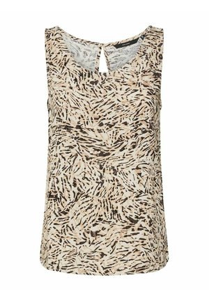 Ærmeløs beige top med sort og brunt abstrakt zebra-lignende print og lille nøglehuldetalje ved den runde halsudskæring.