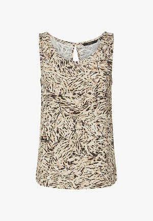 Beżowy top bez rękawów z czarnym i brązowym abstrakcyjnym nadrukiem przypominającym zebrę oraz małym detalem z wycięciem na okrągłym dekolcie.