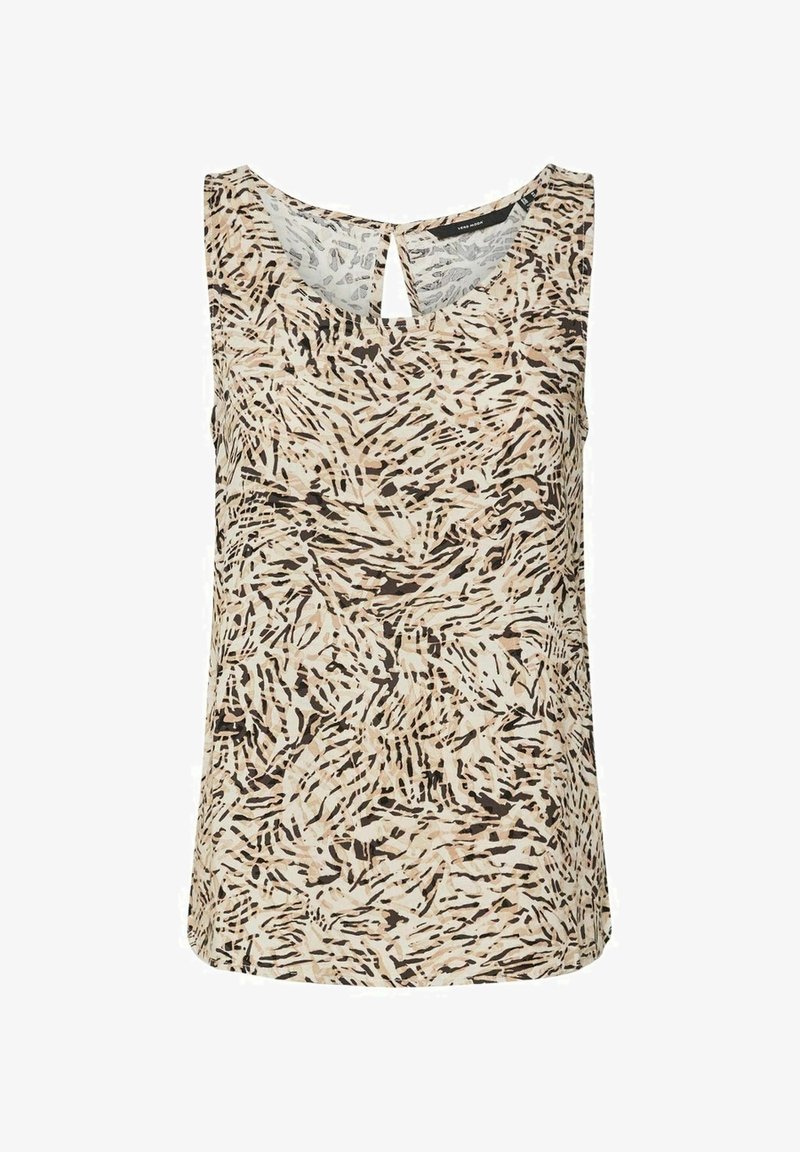Top beige sans manches avec imprimé abstrait zébré noir et marron et petit détail œillet à l'encolure ronde.