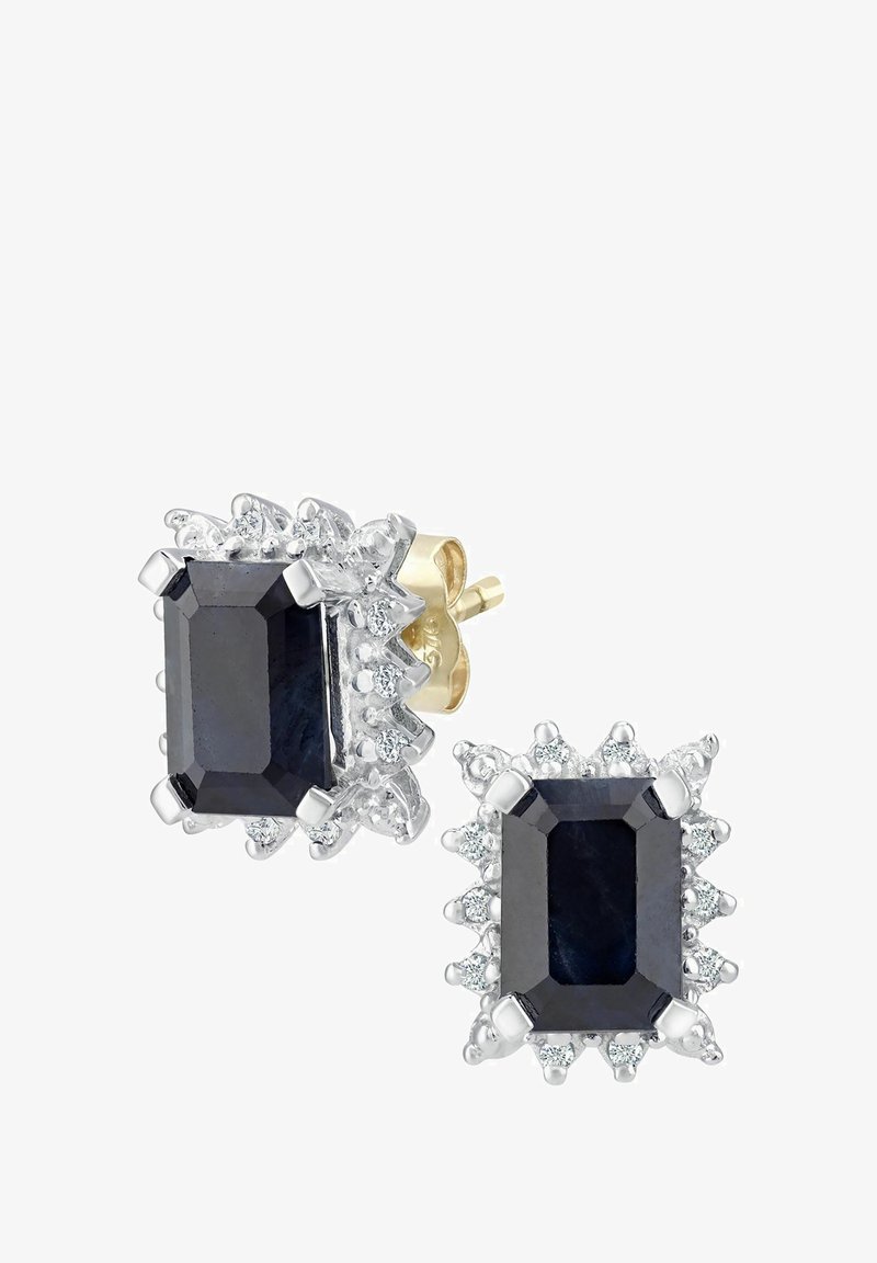 Kolczyki z czarnym kamieniem szlachetnym w szlifie Emerald, srebrne oprawy z ostro zakończonymi akcentami, otoczone małymi przezroczystymi kamieniami, z tyłem na żółtym złocie.