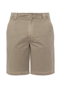 Beige katoenen shorts met een klassieke snit, voorzien van een knoopsluiting, riemlussen en zijzakken. Gladde textuur, ongecompliceerd ontwerp.