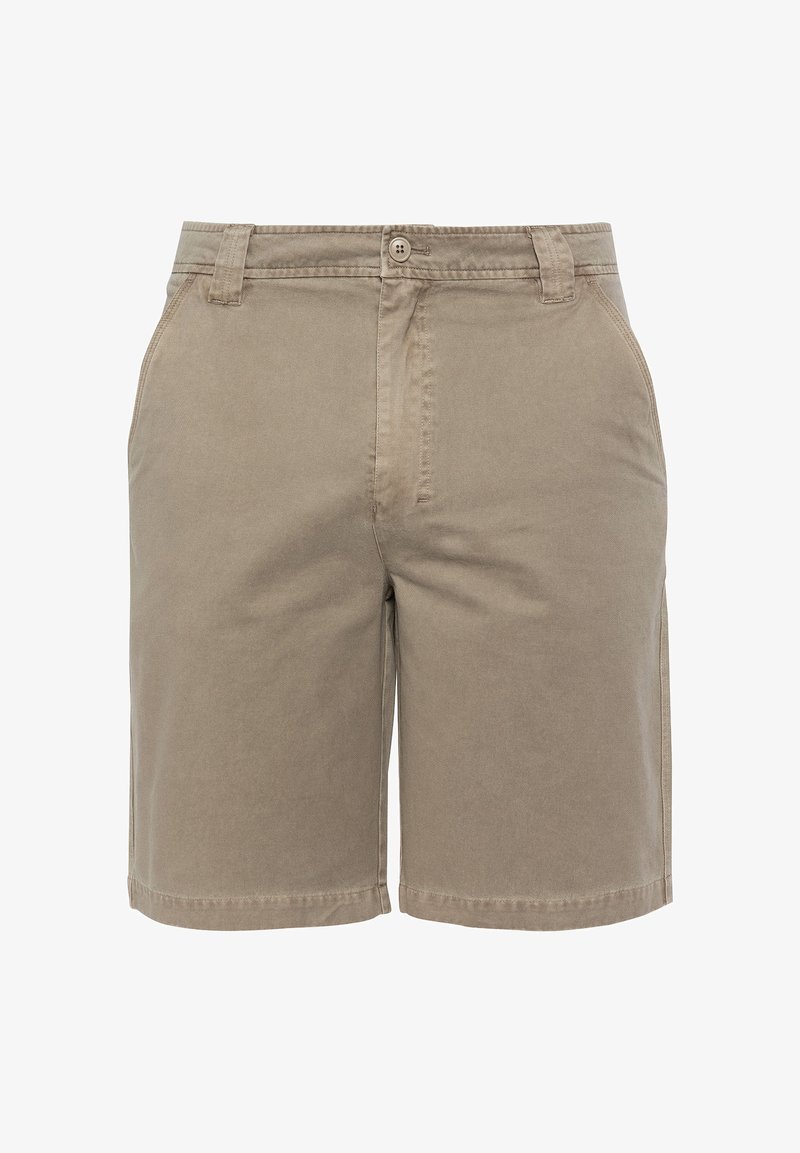 Beige Baumwollshorts mit klassischem Schnitt, Knopfverschluss, Gürtelschlaufen und Seitentaschen. Glatte Textur, schlichtes Design.