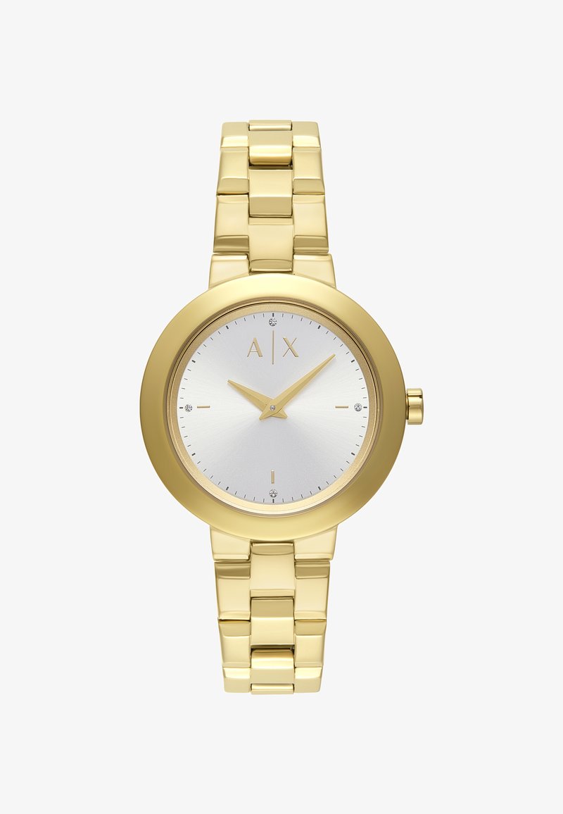 Orologio in metallo color oro con cassa rotonda, quadrante argento e lancette dorate. Presenta tre pietre decorative e un design di bracciale a maglie.