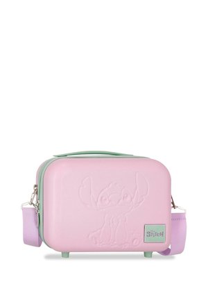 Pequeño bolso rígido rosa y verde con diseño en relieve de Disney Stitch y correa de hombro ajustable morada.