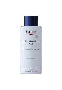 Eucerin UreaRepair Plus 10% Urea Lotion in a clear bottle with a blue cap. Features text on the front and a sleek, modern design.
