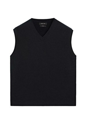 Zwarte, mouwloze sweatervest met een V-hals ontwerp, geribbelde textuur en een rechte zoom. Gemaakt van zacht, lichtgewicht breimateriaal.