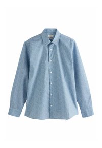 Lichtblauw button-up shirt met lange mouwen, voorzien van een klein bloemenpatroon in het wit en roze. Gemaakt van stof met een gladde textuur.