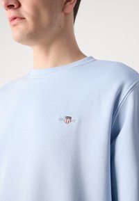 Homme portant un sweat-shirt bleu clair avec un petit blason brodé représentant des étoiles et des rayures sur la poitrine.