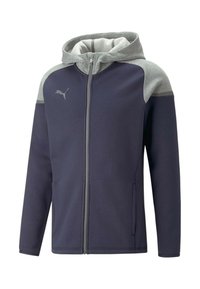 Felpa con zip di colore blu navy, con cappuccio grigio e accenti sulle spalle, dotata di un logo discreto, tasche laterali e una texture del tessuto liscia.