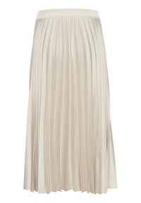 Pleated midi skirt in off-white satin. Features an elastic waistband and flowing A-line design with deep folds creating texture and movement.