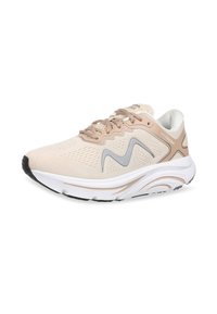 Scarpa sportiva beige con tomaia in rete e dettagli grigi, dotata di una suola imbottita e di un design testurizzato per traspirabilità e supporto.
