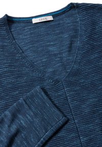 Blå randig v-ringad tröja gjord av ett texturerat stickat tyg. Har ribbade ärmar och krage. Etikett synlig vid halsringningen.