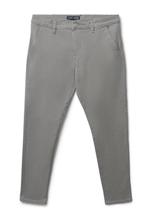 Pantaloni in cotone grigio con un finish testurizzato, dotati di chiusura con bottone, passanti per la cintura e tasche laterali.