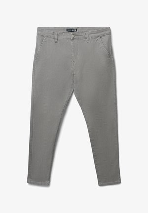 Pantaloni in cotone grigio con un finish testurizzato, dotati di chiusura con bottone, passanti per la cintura e tasche laterali.
