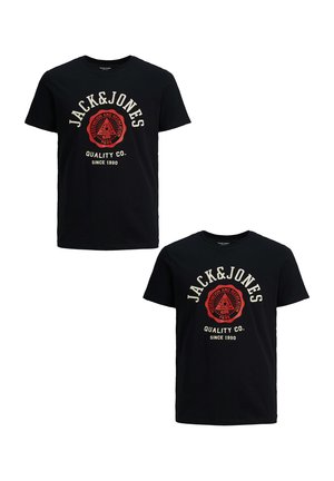 Black cotton t-shirt with short sleeves, featuring a red graphic logo on the front. Text includes "JACK & JONES" and "QUALITY CO. SINCE 1990."