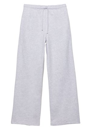 Lysegrå sweatpants lavet af blød stof, med en elastisk talje med snøre, brede ben og en glat overflade.