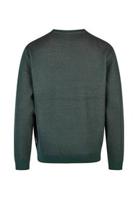 Dunkelgrüner gestrickter Pullover mit rundem Halsausschnitt und gerippten Bündchen. Die Rückseite ist schlicht mit einem strukturierten Stoff und seitlichen Schlitzen am Saum.