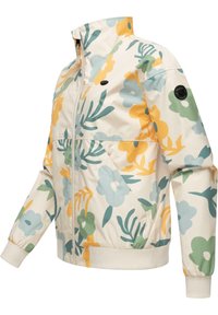 Blommönstrad jacka i krämvit med gula, gröna och blå blommor. Designad med dragkedja fram, krage och elastiska manschetter.