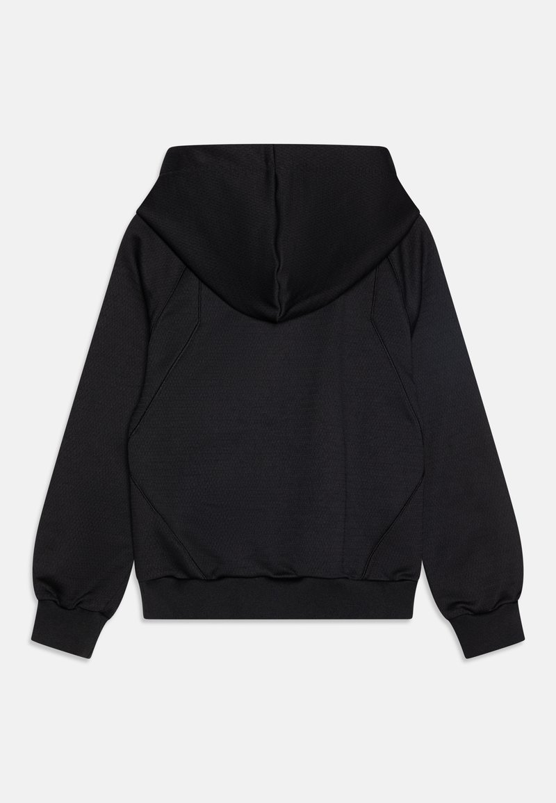 Felpa nera con cappuccio in tessuto testurizzato, polsini e orlo elasticizzati. Presenta un cappuccio liscio e una vestibilità rilassata. Vista posteriore mostrata.