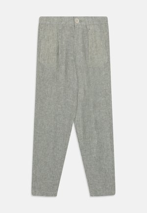 Gestreepte lichtgroene broek met knoopsluiting, voorzien van voorplooien en zijzakken, gemaakt van een gestructureerde stof.