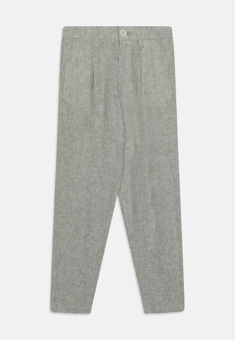 Pantalon rayé vert clair avec fermeture à bouton, possédant des plis sur le devant et des poches latérales, fabriqué dans un tissu texturé.