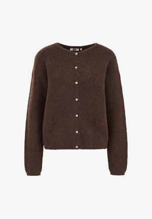 Tumši brūns pūkains tamborēts kardigans ar apaļu kakla izgriezumu, garām piedurknēm un baltām pogām centrālajā priekšpusē.