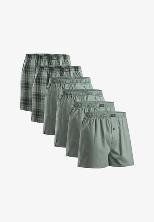 Boxershorts-Set in verschiedenen Mustern: grün karriert, gestreift und einfarbig. Mit elastischen Bund und Knopflasche.