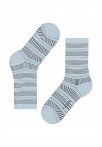 Light blue cotton socks with horizontal navy stripes, ribbed cuffs, and a stitched logo on the side. Soft texture and classic design.