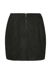 Mini jupe en suède noir avec une fermeture éclair frontale et une finition lisse, offrant une silhouette structurée et des détails plissés.