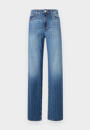 Jean en denim bleu clair avec des rayures blanches verticales, design à jambe droite, cinq poches et fermeture à bouton au niveau de la taille.