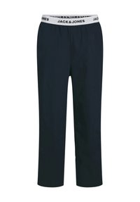Navy blauwe joggingsbroeken van lichtgewicht stof, met een elastische tailleband met witte bies en logo tekst, eindigend net boven de enkels.