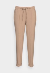 Beige byxor med elastiskt midjeband och dragsko. Har frontveck och uppvikta muddar. Tillverkade av ett lätt och mjukt material.