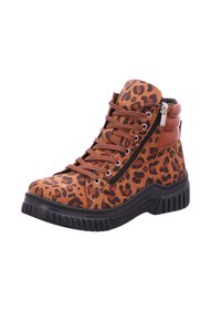 Brown leopard print high-top boots with a textured surface, lace-up front, side zipper, and black rubber sole.