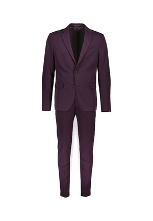 Dunkellila Herrensuit mit Zweiknopfjacke und passenden Slim-Fit-Hosen auf weißem Hintergrund.