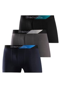 Drei Paare Männerboxershorts in einem Schwarz-, Grau- und Marinefarbenschema. Jede hat einen elastischen Bund mit dem "Bench."-Logo und Akzenten.