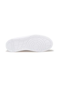 Sole di un sneaker bianco vista dal basso, che mostra modelli di grip testurizzati inclusi cerchi concentrici, rettangoli e una marcatura di taglia '42'.